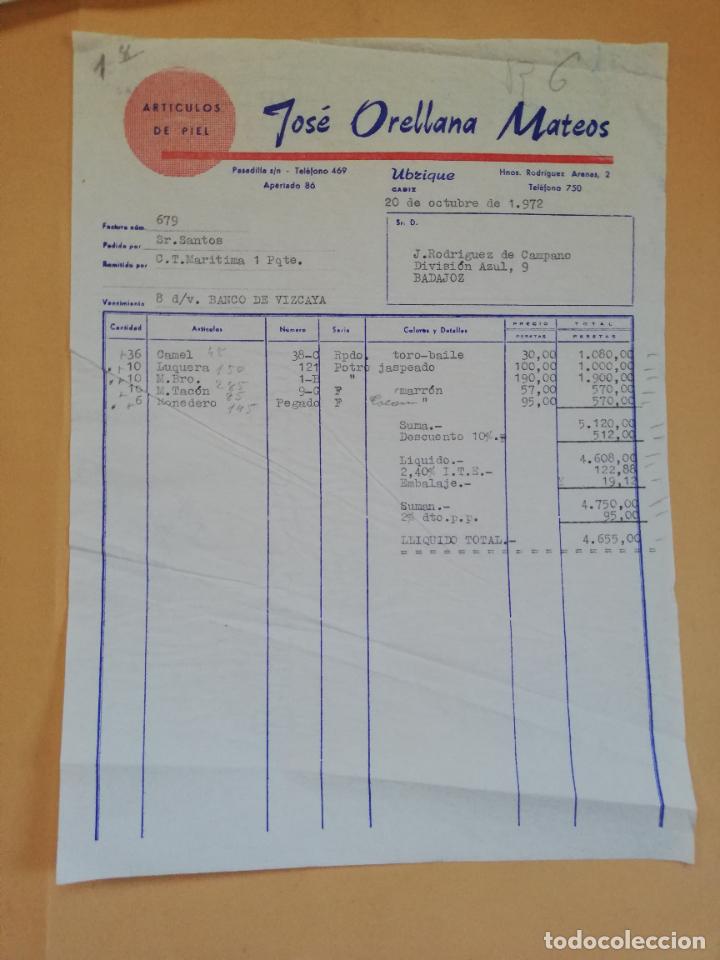 Old Invoices: FACTURA. ARTICULOS DE PIEL. JOSE ORELLANA MATEOS. UBRIQUE, CADIZ, 1972.