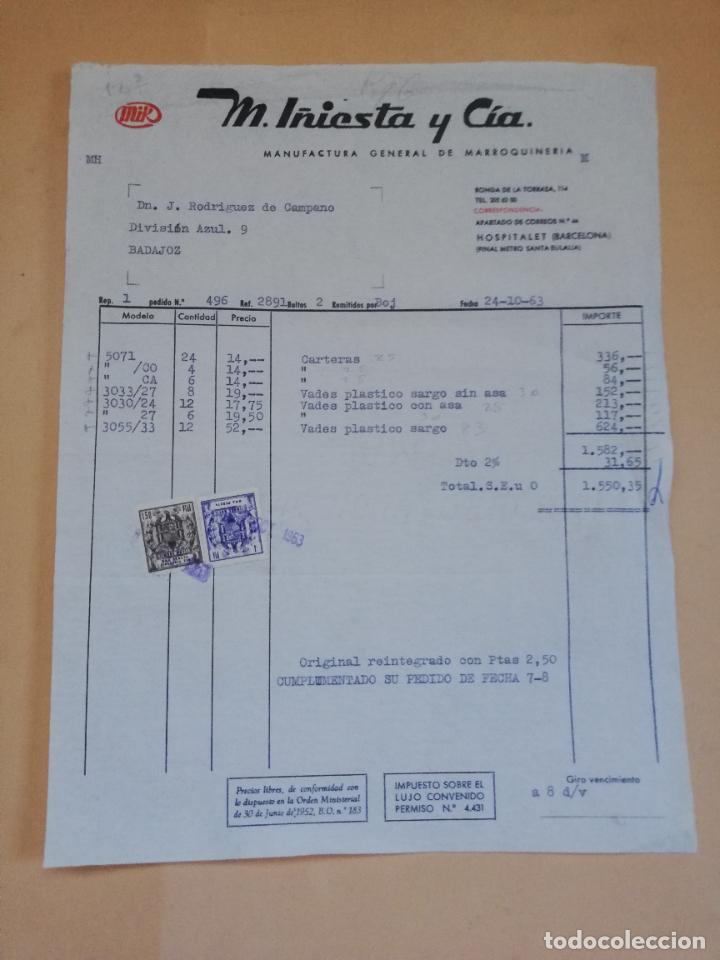 Old Invoices: FACTURA. MANUFACTURA GENERAL DE MARROQUINERIA. MIK, M. I&Ntilde;IESTA Y CIA. HOSPITALET, BARCELONA, 1963.