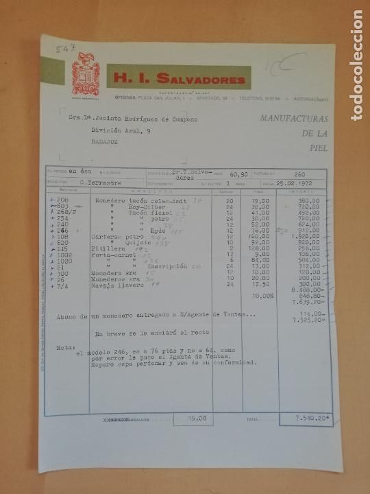 Old Invoices: FACTURA. H. I. SALVADORES, S. L. MANUFACTURAS DE LA PIEL. ASTORGA, LEON. 1972.