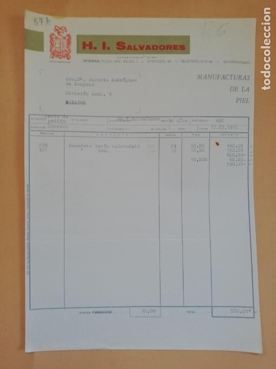 Old Invoices: FACTURA. H. I. SALVADORES, S. L. MANUFACTURAS DE LA PIEL. ASTORGA, LEON. 1972.