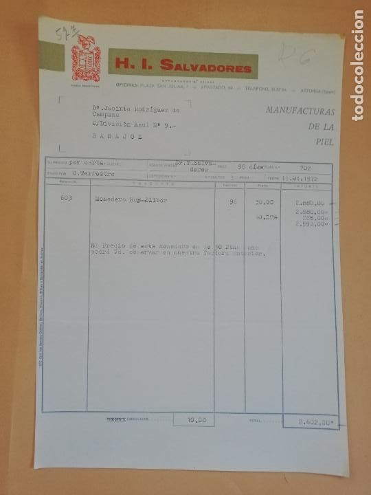 Old Invoices: FACTURA. H. I. SALVADORES, S. L. MANUFACTURAS DE LA PIEL. ASTORGA, LEON. 1972.