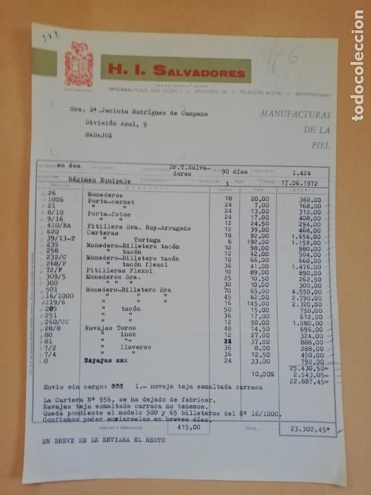 Old Invoices: FACTURA. H. I. SALVADORES, S. L. MANUFACTURAS DE LA PIEL. ASTORGA, LEON. 1972.