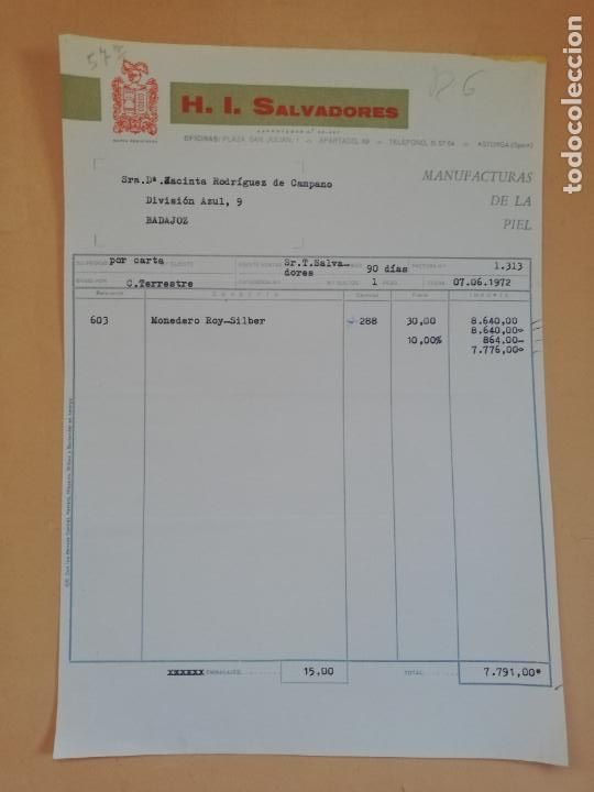 Old Invoices: FACTURA. H. I. SALVADORES, S. L. MANUFACTURAS DE LA PIEL. ASTORGA, LEON. 1972.