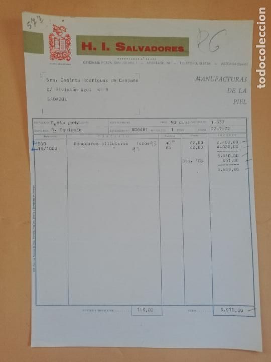 Old Invoices: FACTURA. H. I. SALVADORES, S. L. MANUFACTURAS DE LA PIEL. ASTORGA, LEON. 1972.