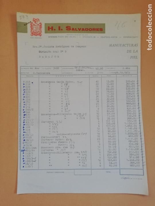 Old Invoices: FACTURA. H. I. SALVADORES, S. L. MANUFACTURAS DE LA PIEL. ASTORGA, LEON. 1972. DOS HOJAS.