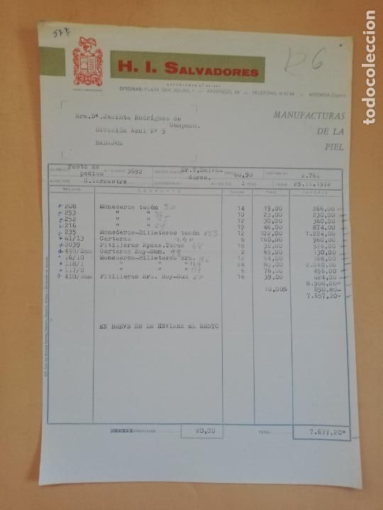 Old Invoices: FACTURA. H. I. SALVADORES, S. L. MANUFACTURAS DE LA PIEL. ASTORGA, LEON. 1972.
