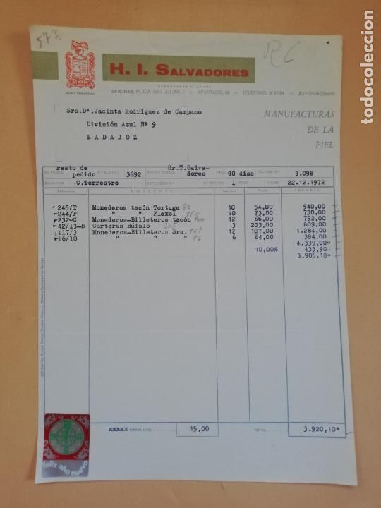 Old Invoices: FACTURA. H. I. SALVADORES, S. L. MANUFACTURAS DE LA PIEL. ASTORGA, LEON. 1972.