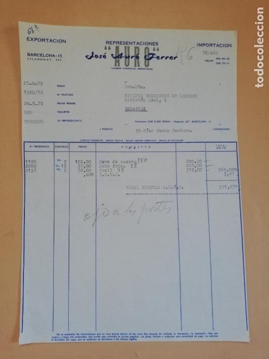 Old Invoices: FACTURA. REPRESENTACIONES AURO. JOSE AURO FERRER. BARCELONA, 1972.