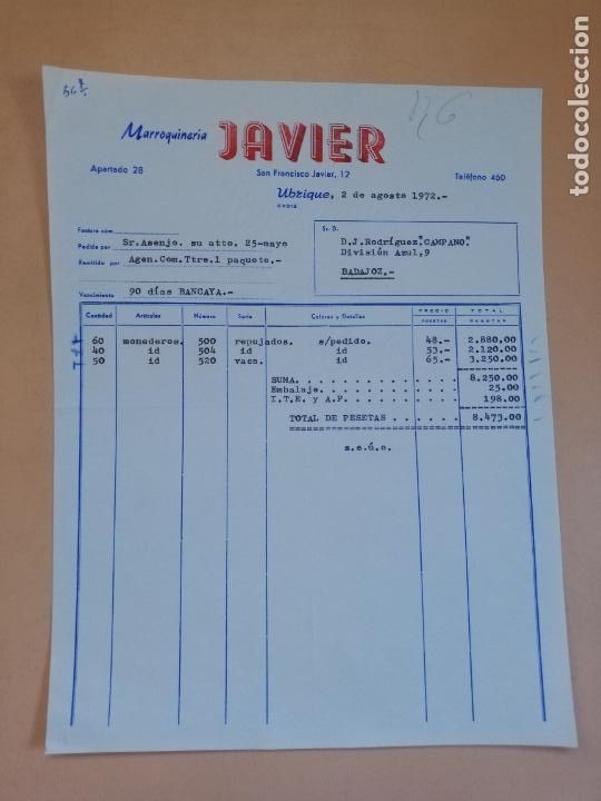 Old Invoices: FACTURA. MARROQUINERIA JAVIER. UBRIQUE, CADIZ. 1972.