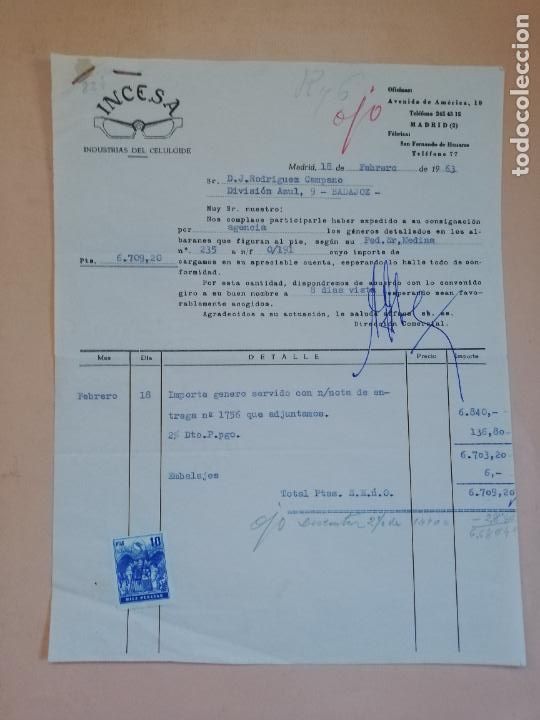 Old Invoices: FACTURA. INDUSTRIAS DEL CELULOIDE. INCESA. MADRID, 1963.