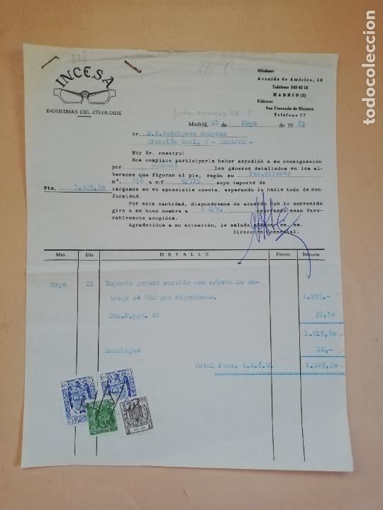 Old Invoices: FACTURA. INDUSTRIAS DEL CELULOIDE. INCESA. MADRID, 1963.