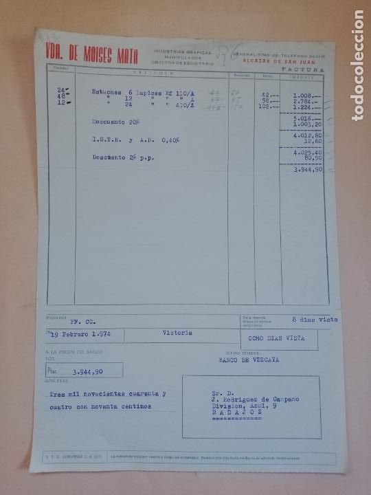 Old Invoices: FACTURA. INDUSTRIAS GRAFICAS. VDA. DE MOISES MATA. ALCAZAR DE SAN JUAN, CIUDAD REAL. 1974.