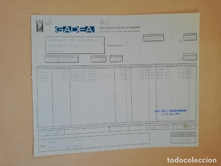 Old Invoices: FACTURA. GADEA. SALVADOR GADEA PAREDES. ALDAYA, VALENCIA, 1974.