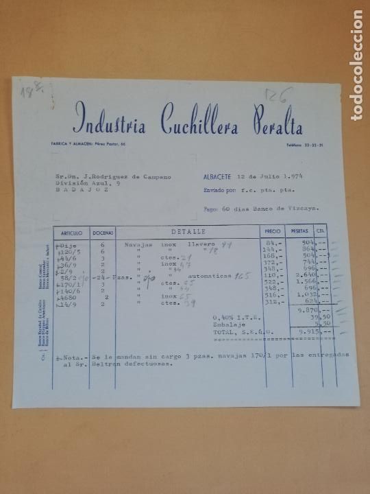Old Invoices: FACTURA. INDUSTRIA CUCHILLERIA PERALTA. FABRICA Y ALMACEN. ALBACETE, 1974.