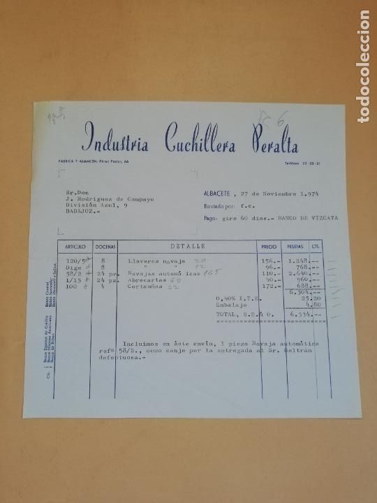Old Invoices: FACTURA. INDUSTRIA CUCHILLERIA PERALTA. FABRICA Y ALMACEN. ALBACETE, 1974.
