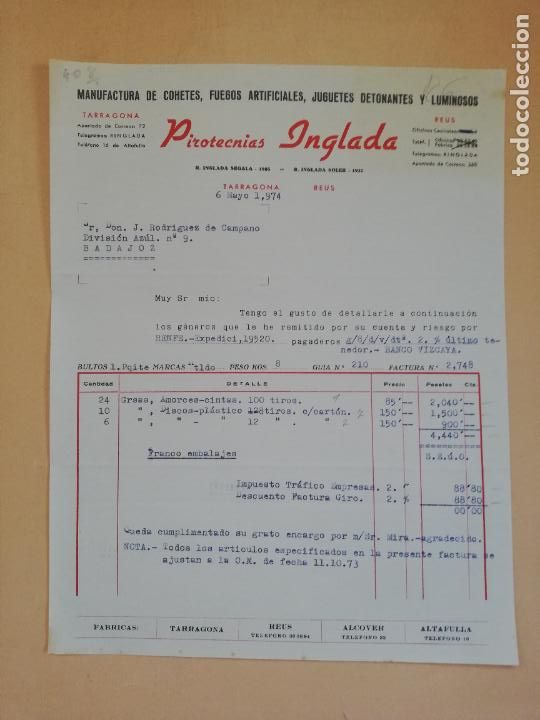 Old Invoices: FACTURA. PIROTECNIAS INGLADA. COHETES, FUEGOS ARTIFICIALES. REUS, TARRAGONA, 1974.