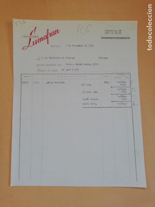Old Invoices: FACTURA. CREACIONES LUMAFRAN. SEVILLA, 1974.