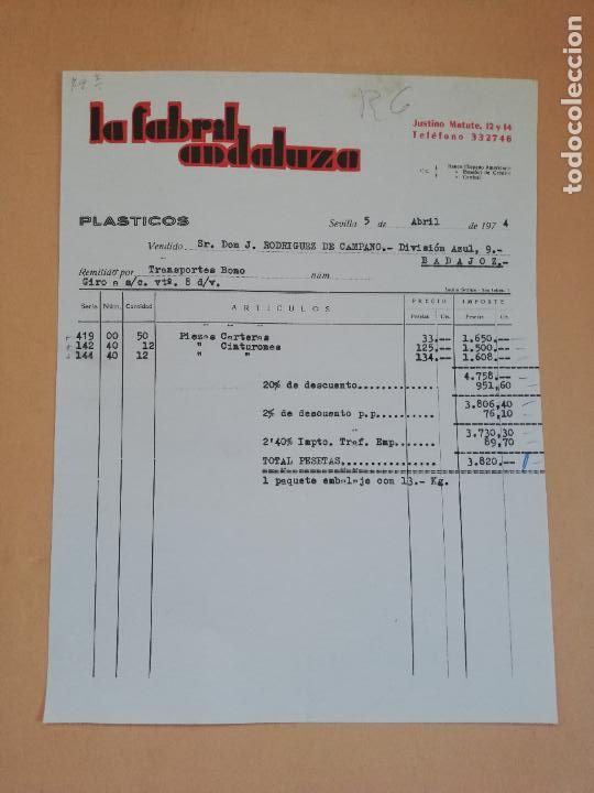 Old Invoices: FACTURA. LA FABRIL ANDALUZA. PLASTICOS. SEVILLA. 1974.