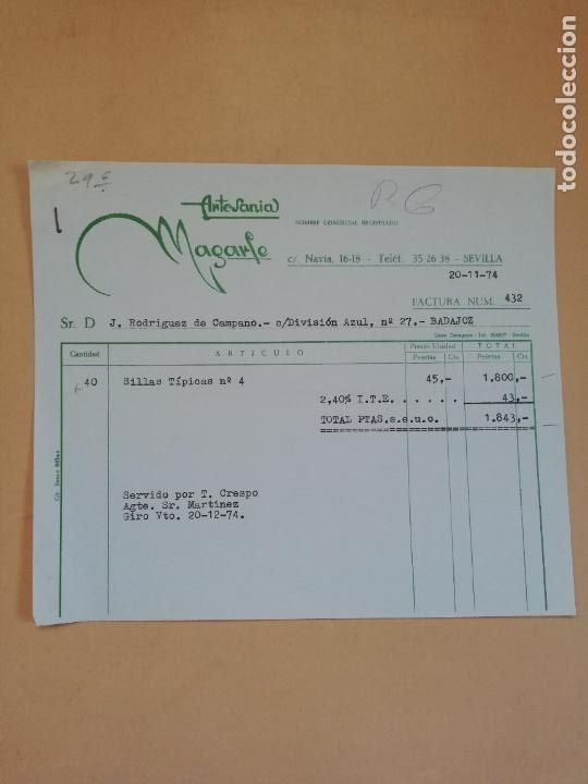 Old Invoices: FACTURA. ARTESANIAS MAGARFE. SEVILLA, 1974.