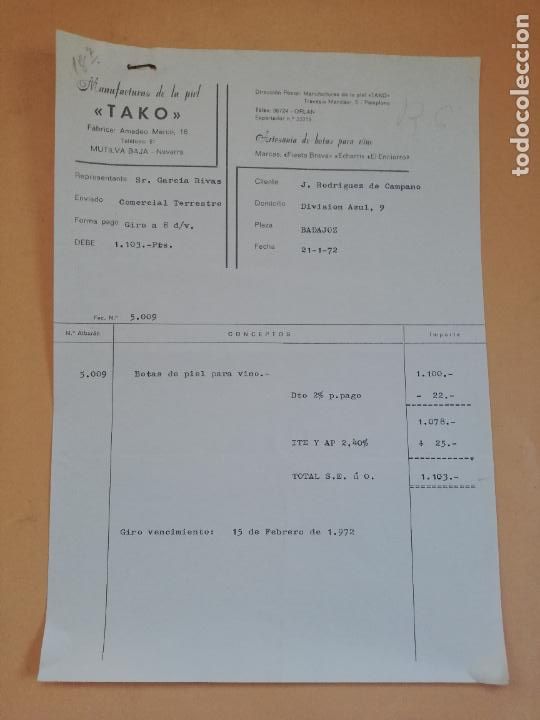 Old Invoices: FACTURA. TAKO. MANUFACTURAS DE LA PIEL. ARTESANIA DE BOTAS PARA VINO. PAMPLONA. 1972.