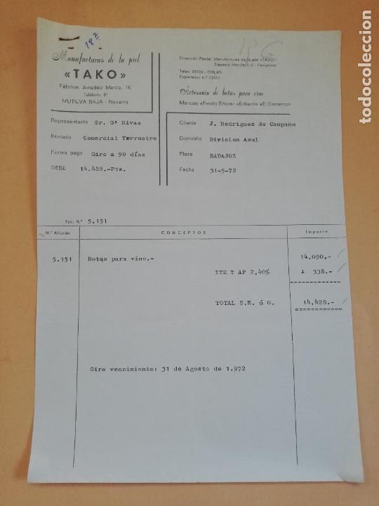 Old Invoices: FACTURA. TAKO. MANUFACTURAS DE LA PIEL. ARTESANIA DE BOTAS PARA VINO. PAMPLONA. 1972.