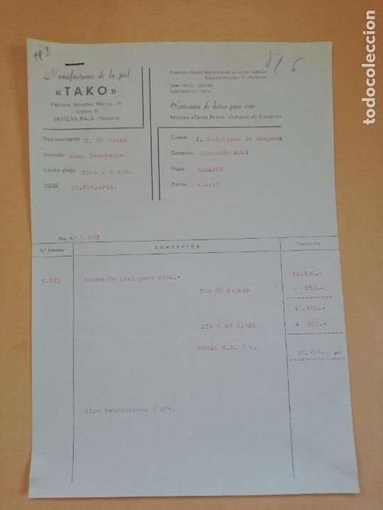 Old Invoices: FACTURA. TAKO. MANUFACTURAS DE LA PIEL. ARTESANIA DE BOTAS PARA VINO. PAMPLONA. 1972.