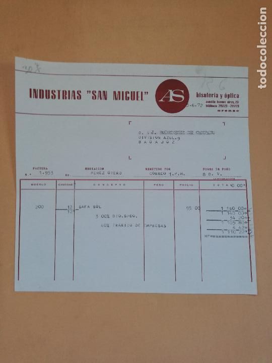Facturas antiguas: FACTURA. INDUSTRIAS SAN MIGUEL. BISUTERIA Y OPTICA. ORENSE, 1972.