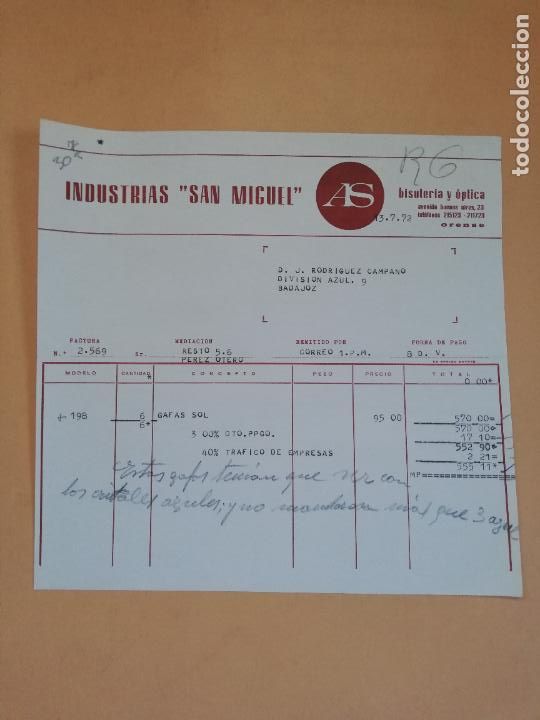 Facturas antiguas: FACTURA. INDUSTRIAS SAN MIGUEL. BISUTERIA Y OPTICA. ORENSE, 1972.