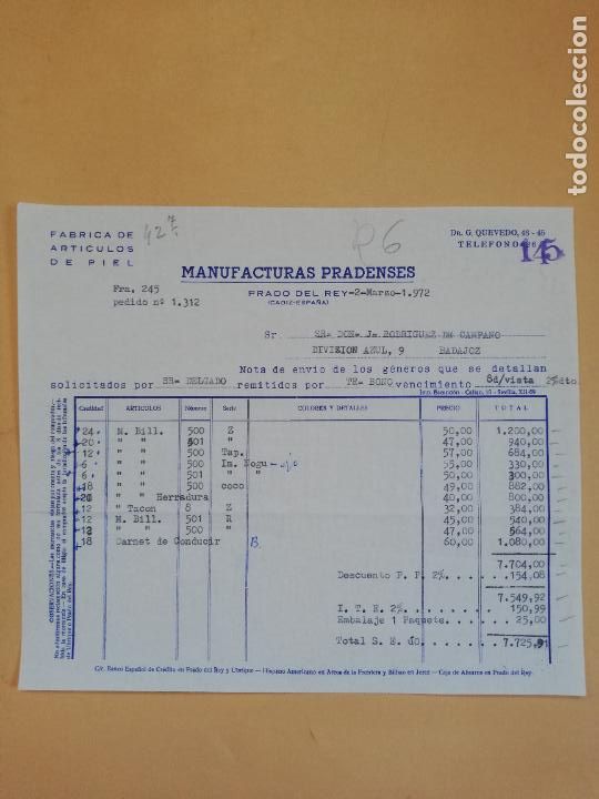 Old Invoices: FACTURA. FABRICA DE ARTICULOS DE PIEL. MANUFACTURAS PRADENSE. PRADO DEL REY, CADIZ. 1972.