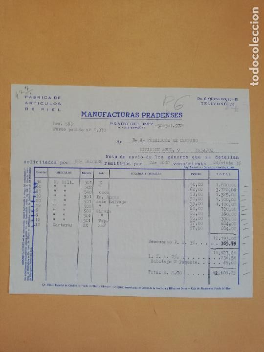 Old Invoices: FACTURA. FABRICA DE ARTICULOS DE PIEL. MANUFACTURAS PRADENSE. PRADO DEL REY, CADIZ. 1972.