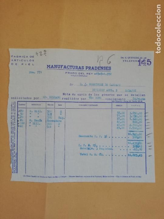 Old Invoices: FACTURA. FABRICA DE ARTICULOS DE PIEL. MANUFACTURAS PRADENSE. PRADO DEL REY, CADIZ. 1972.