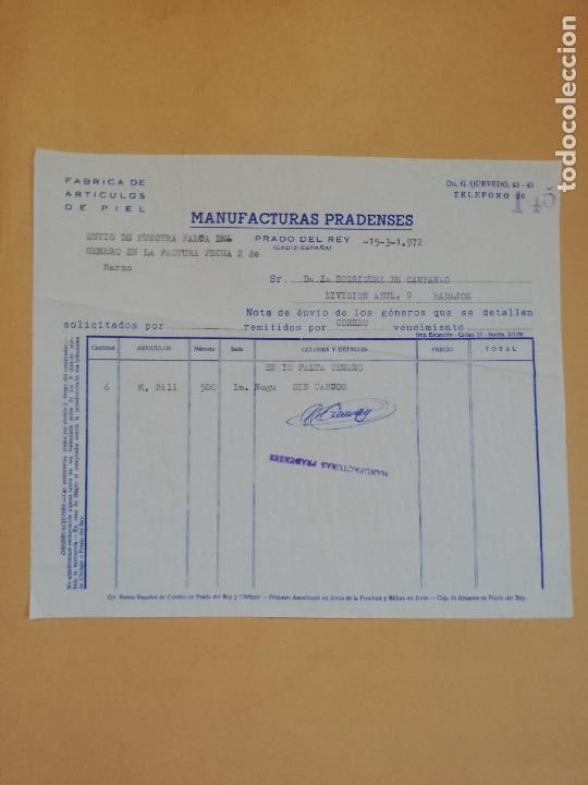 Old Invoices: FACTURA. FABRICA DE ARTICULOS DE PIEL. MANUFACTURAS PRADENSE. PRADO DEL REY, CADIZ. 1972.