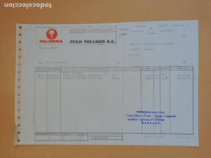 Old Invoices: FACTURA. FABRICA DE ARTICULOS DE FERRETERIA. PALMERA. JUAN VOLLMER S.A. MADRID, 1972.