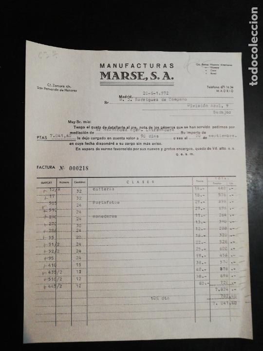 Old Invoices: FACTURA. MANUFACTURAS MARSE, S. A. MADRID, 1972.