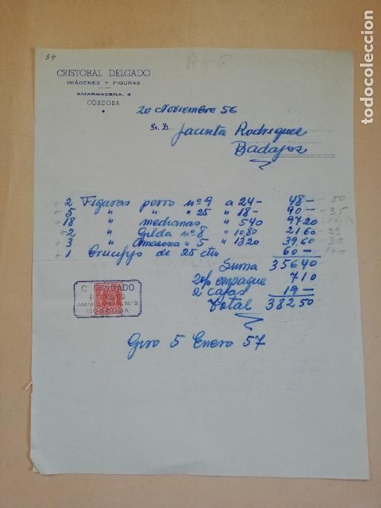 Old Invoices: FACTURA. IMAGENES Y FIGURAS. CRISTOBAL DELGADO. CORDOBA, 1956.