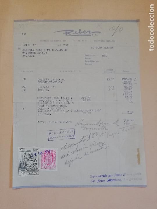 Old Invoices: FACTURA. RIBER, S. A. BARCELONA, 1956.