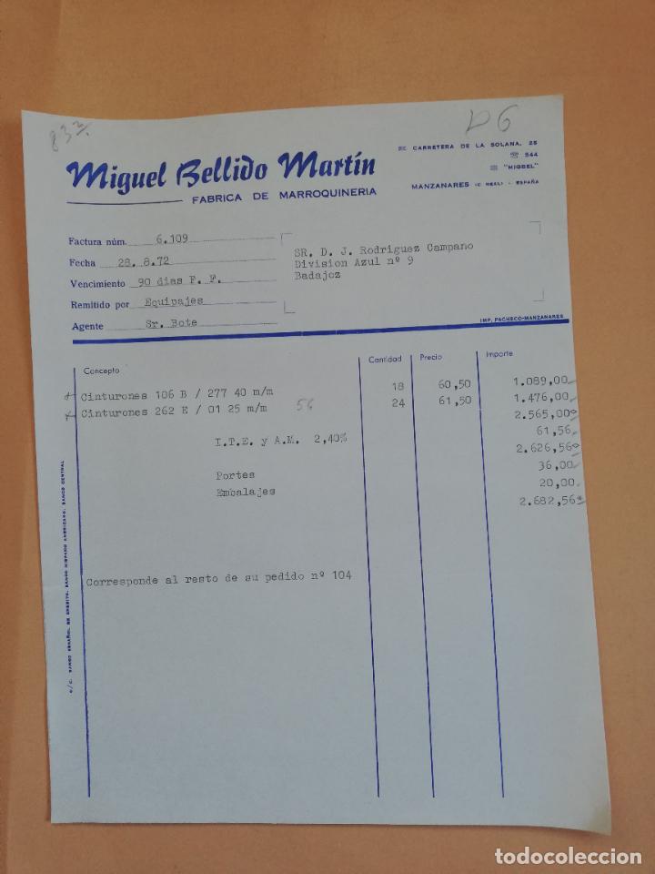 Old Invoices: FACTURA. FABRICA DE MARROQUINERIA. MIGUEL BELLIDO MARTIN. MANZANARES, CIUDAD REAL, 1972.