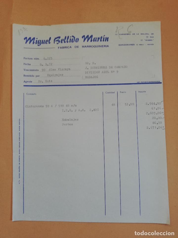 Old Invoices: FACTURA. FABRICA DE MARROQUINERIA. MIGUEL BELLIDO MARTIN. MANZANARES, CIUDAD REAL, 1972.