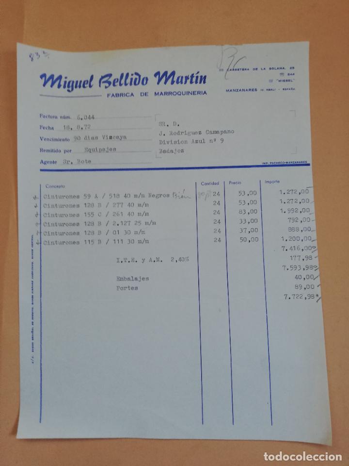 Old Invoices: FACTURA. FABRICA DE MARROQUINERIA. MIGUEL BELLIDO MARTIN. MANZANARES, CIUDAD REAL, 1972.