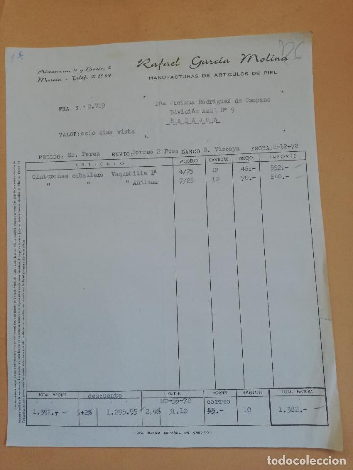 Old Invoices: FACTURA. MANUFACTURA DE ARTICULOS DE PIEL. RAFAEL GARCIA MOLINA. MURCIA, 1972.