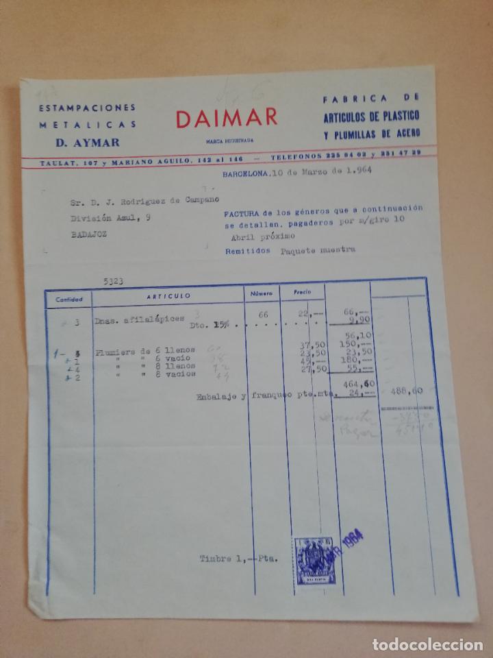 Old Invoices: FACTURA. ESTAMPACIONES METALICAS D. AYMAR. DAIMAR. ARTICULOS DE PLASTICOS. BARCELONA. 1964.