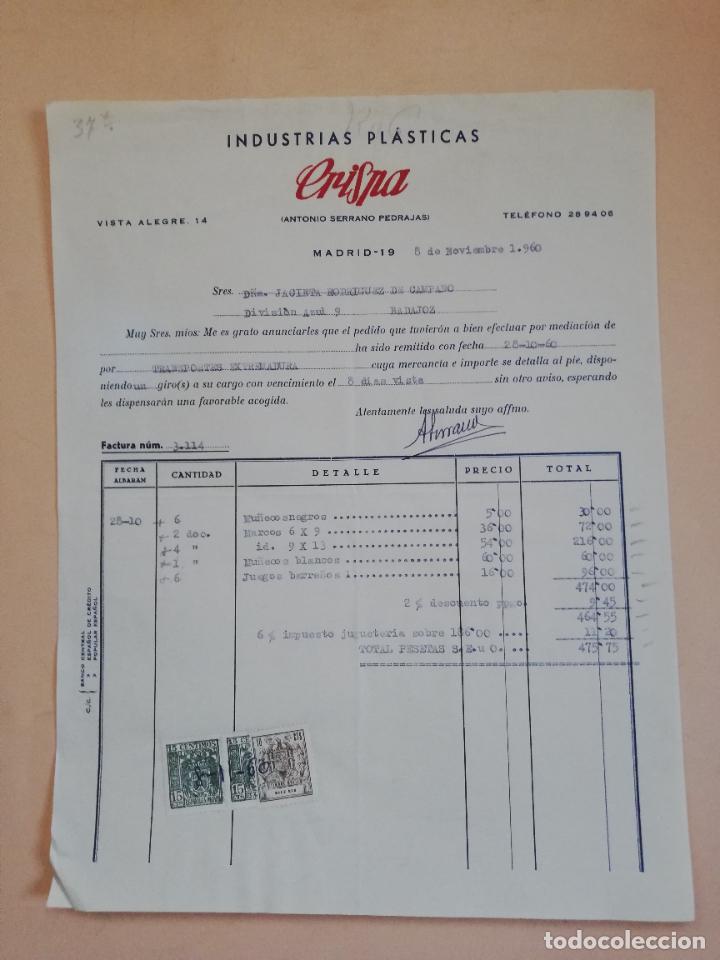Old Invoices: FACTURA. INDUSTRIAS PLASTICAS. CRISNA. ANTONIO SERRANO PEDRAJAS. MADRID, 1960.