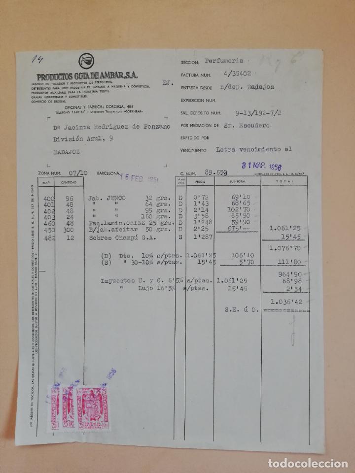 Facturas antiguas: FACTURA. PRODUCTOS GOTA DE AMBAR, S. A. BARCELONA. 1956.