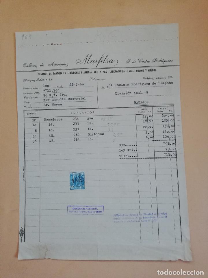 Old Invoices: FACTURA. TALLERES DE ARTESANIA. MARFILSA. F. DE CASTRO RODRIGUEZ. SALAMANCA. 1960.