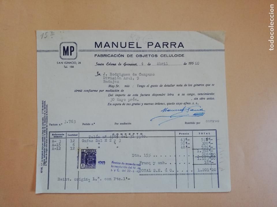 Old Invoices: FACTURA. FABRICACION DE OBJETOS CELULOIDE. MANUEL PARRA. SANTA COLOMA DE GRAMANET, BARCELONA. 1960.