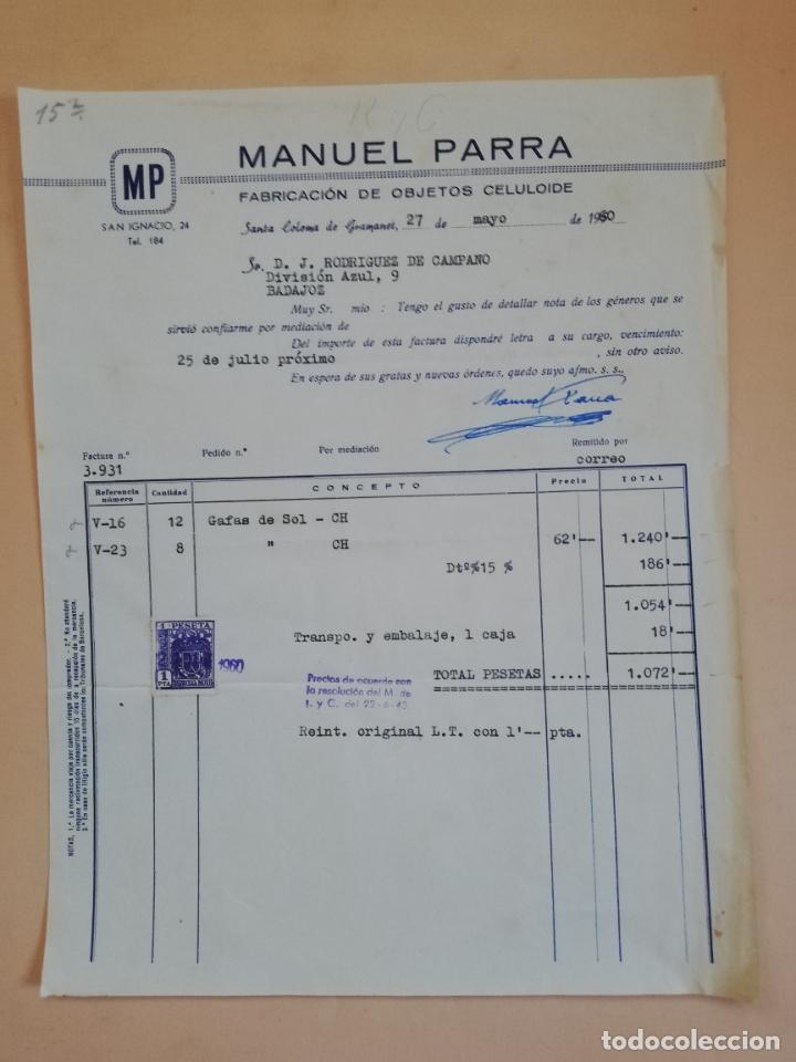 Old Invoices: FACTURA. FABRICACION DE OBJETOS CELULOIDE. MANUEL PARRA. SANTA COLOMA DE GRAMANET, BARCELONA. 1960.