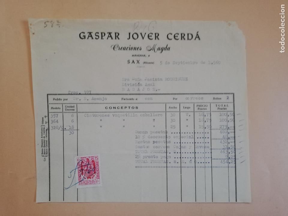 Old Invoices: FACTURA. CREACIONES MAGDA. GASPAR JOVER CERDA. SAX, ALICANTE, 1960.