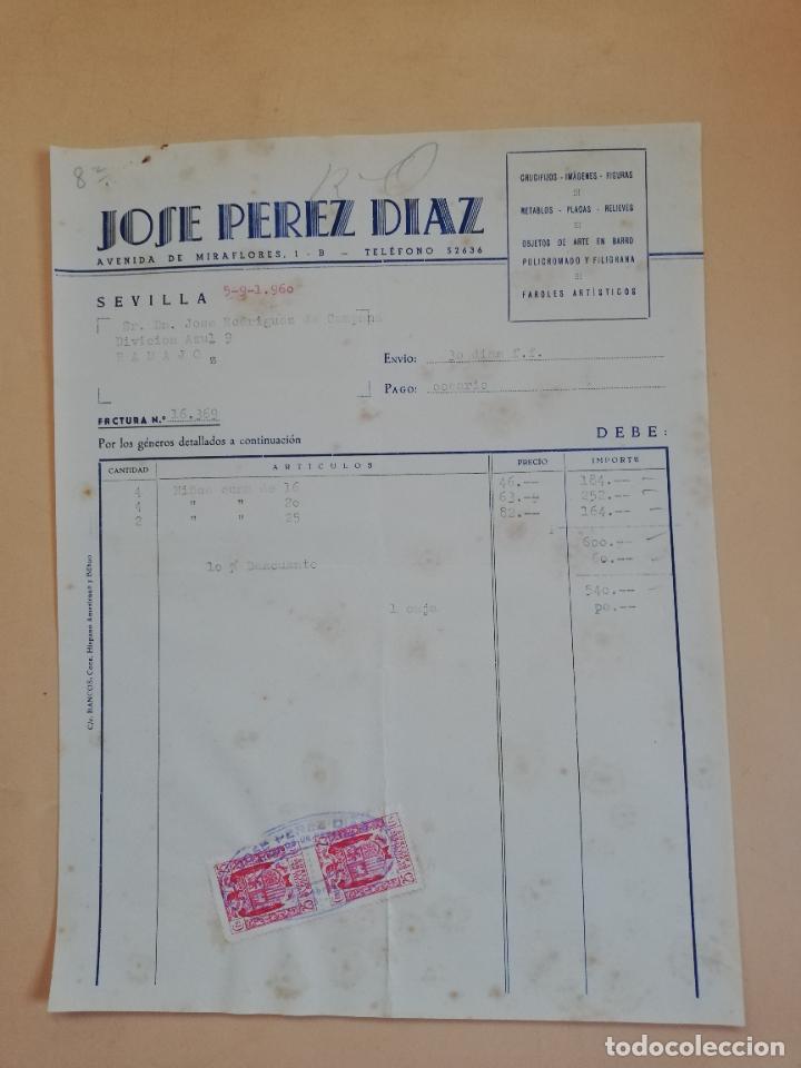 Old Invoices: FACTURA. CRUCIFIJOS-IMAGENES-FIGURAS-RETABLOS. JOSE PEREZ DIAZ. SEVILLA, 1960.