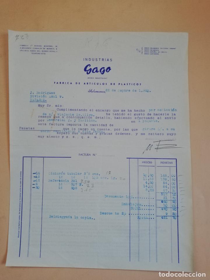 Old Invoices: FACTURA. FABRICA DE ARTICULOS DE PLASTICOS. INDUSTRIAS GAGO. SALAMANCA. 1960.