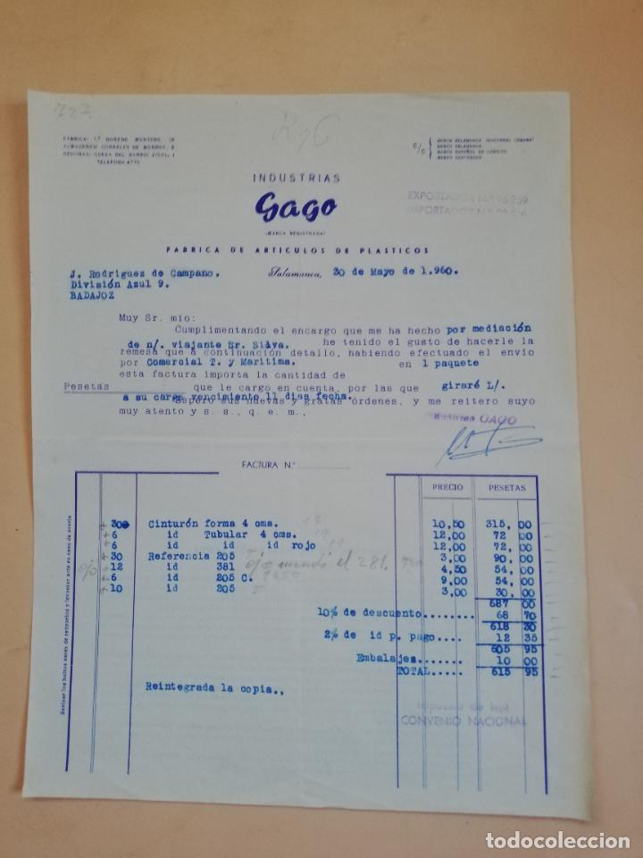 Old Invoices: FACTURA. FABRICA DE ARTICULOS DE PLASTICOS. INDUSTRIAS GAGO. SALAMANCA. 1960.